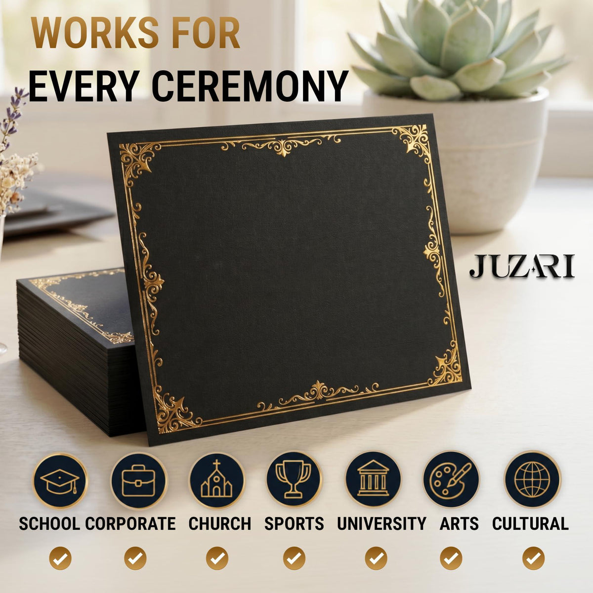Black certificate holder with gold foil border for ceremonies, single-sided