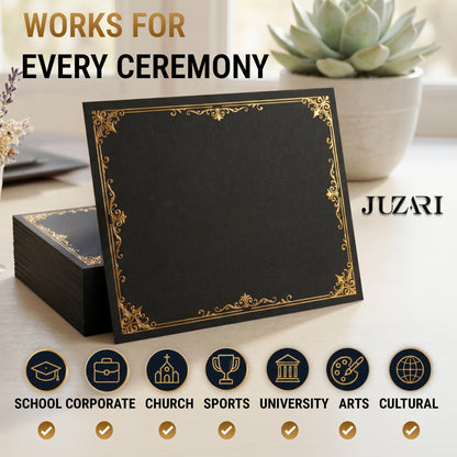 Black certificate holder with gold foil border for ceremonies, single-sided