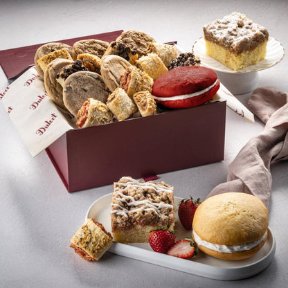 Bakery gift basket: assorted cookies and cake slices in a maroon box