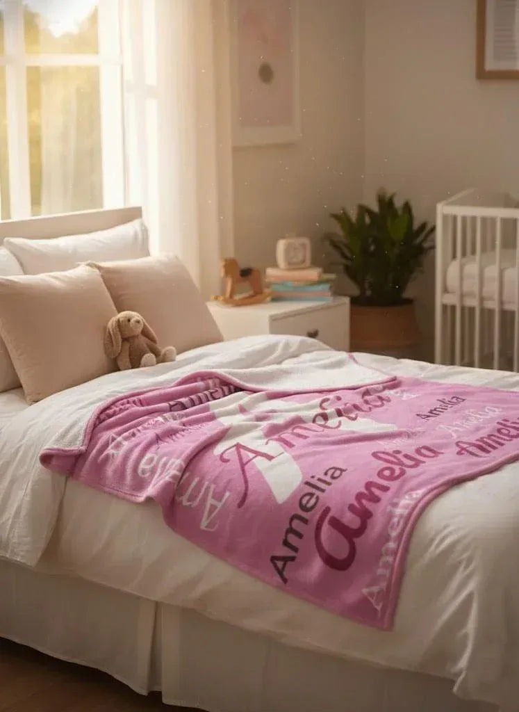Your Letter and Name - Personalized Name Blanket: Pink & White Flannel Fleece Throw - Dream Dragons