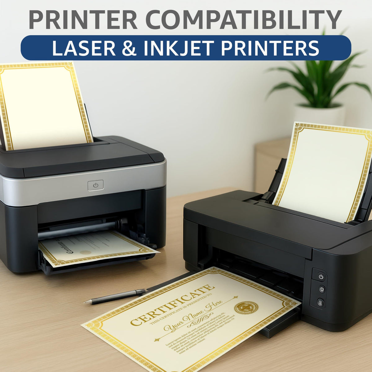 Printable certificate paper with gold border feeding through laser and inkjet printers