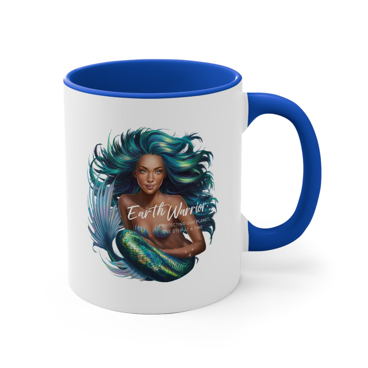 11oz accent mug with blue handle and Earth Warrior portrait graphic on front
