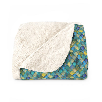Mermaid Scale Sherpa Fleece Blanket – All-Over Teal & Ocean Scale Print | Plush Sherpa Back | 50” × 60” & 60” × 80” | Mermaid Gift