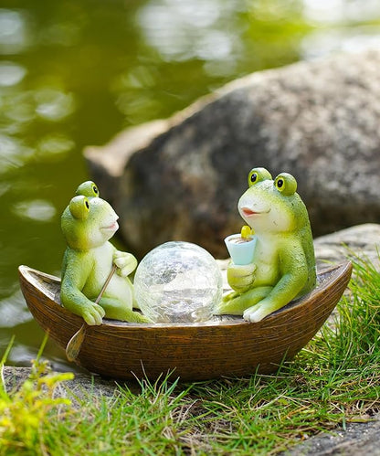 Solar Frogs in a Boat Garden Statue - IP44 Waterproof Resin Outdoor Sculpture and Yard Decor