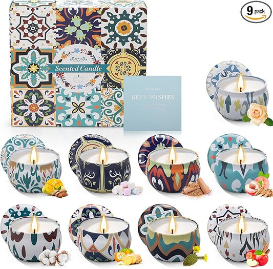 9-pack scented soy candles gift set with colorful ceramic holders, assorted patterns