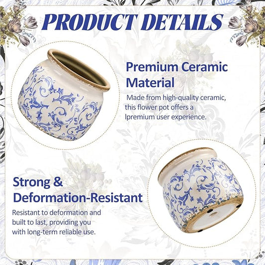 Blue-and-white ceramic floral planter with crackle glaze, small round opening