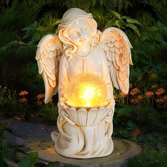 Solar Angel Garden Statue Holding Lotus with Crackle Glass Globe - UV-Resistant Resin Outdoor Decor