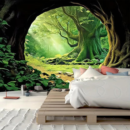 Misty Forest Tree Cave Tapestry – 79"x59" | HD Print Jungle Sunshine Through Trees | Ethereal Nature Wall Hanging for Bedroom Living Room & Office