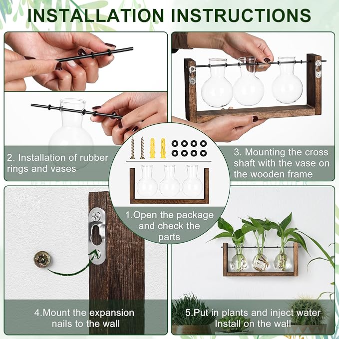 3-bulb glass plant propagation station kit with wooden frame and clear bulb vases