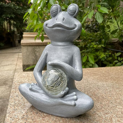 Solar Yoga Frog Garden Statue - Meditating Zen Frog Outdoor Decor with LED Light
