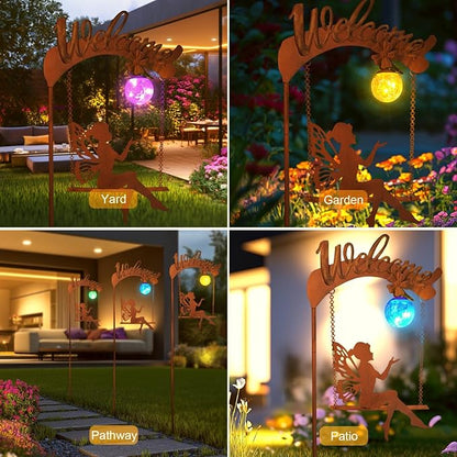 Solar fairy garden light on rust stake with fairy cutout and glowing multicolor sphere