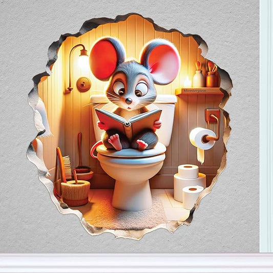 Bathroom wall sticker of a cartoon mouse seated on a toilet reading an open book