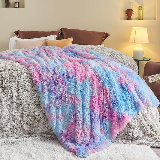 Purple Rainbow Shaggy Faux Fur Queen Blanket – 90"x90" | 1.5" Deep Plush Pile | Magical Whimsical Throw for Queen Beds & Fantasy Bedrooms