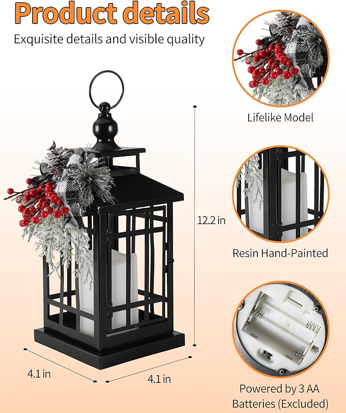 Black metal Christmas lantern with faux flameless candle and red-and-silver wreath decor