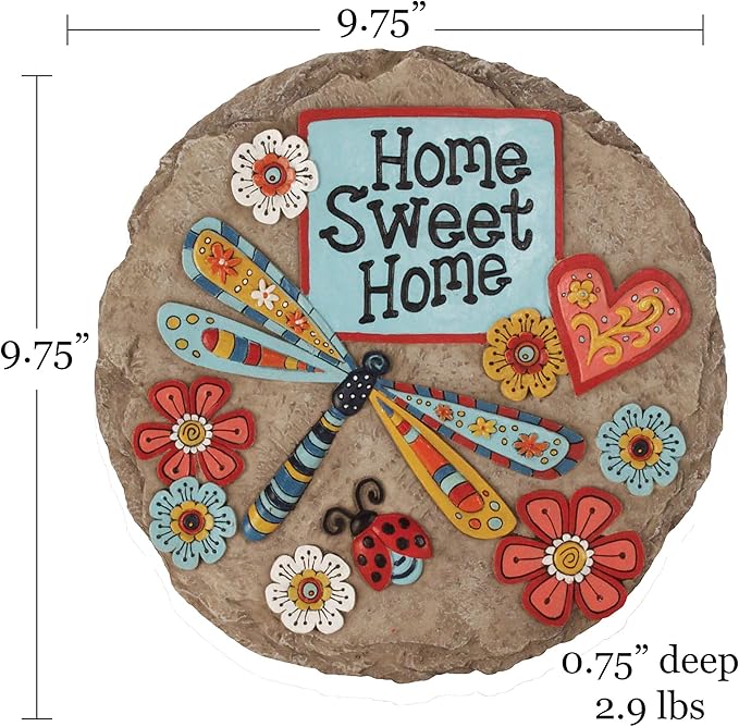 Home Sweet Home garden stepping stone with colorful dragonfly, ladybug, and flower artwork