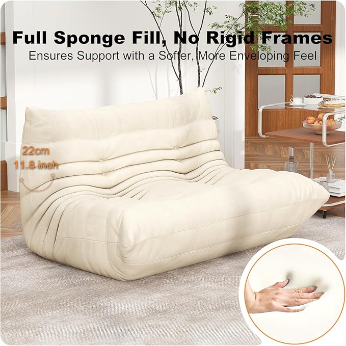 Cream Ripple Loveseat Floor Sofa - Togo-Style Foam Lounge Sofa with Wave Profile for Living Room, Reading Corner, and Japandi Interiors