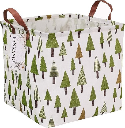 Green Forest Canvas Storage Hamper Basket - Foldable Waterproof Woodland Bin for Nursery, Home, and Christmas Gift Hampers