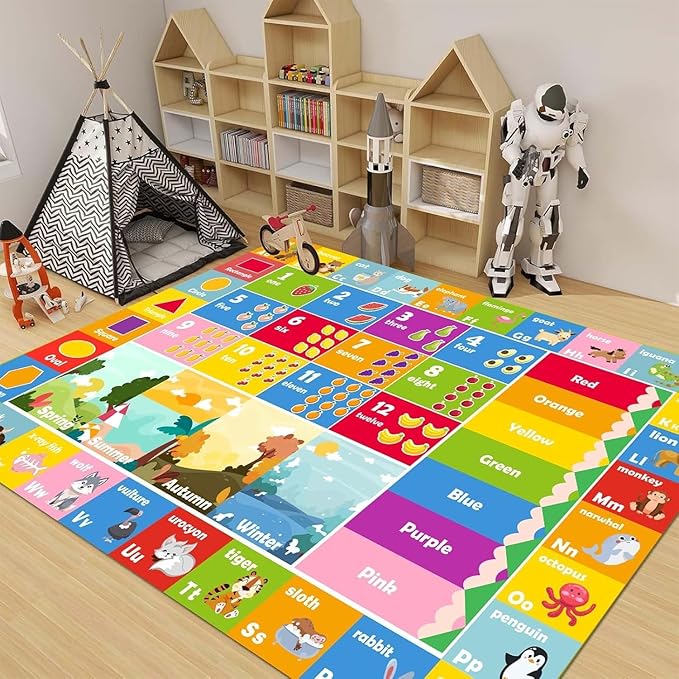 Colorful kids rug learning mat with letters, numbers, shapes, and animal illustrations