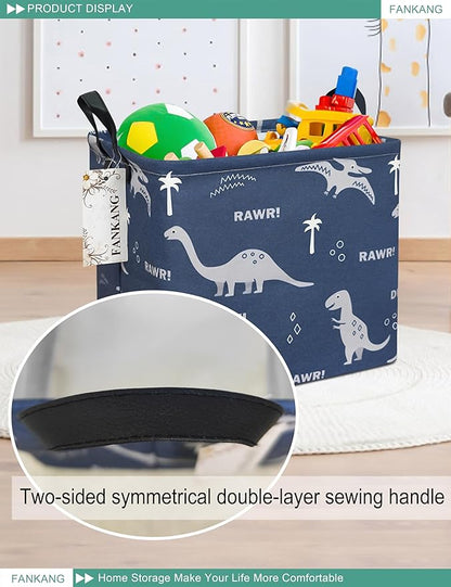 Dinosaur Canvas Storage Bin - Foldable Waterproof Navy Dino Basket for Boys Room, Toys, and Kids Gifts