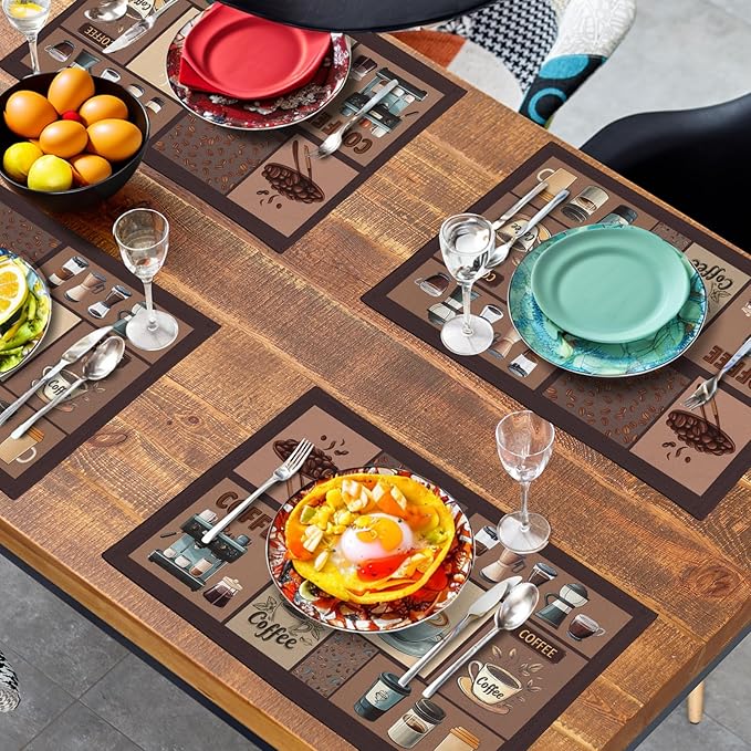 Coffee-themed placemats in brown with coffee icons and utensils print, rectangular set