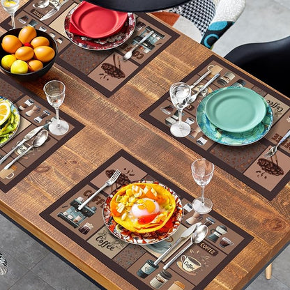 Coffee-themed placemats in brown with coffee icons and utensils print, rectangular set