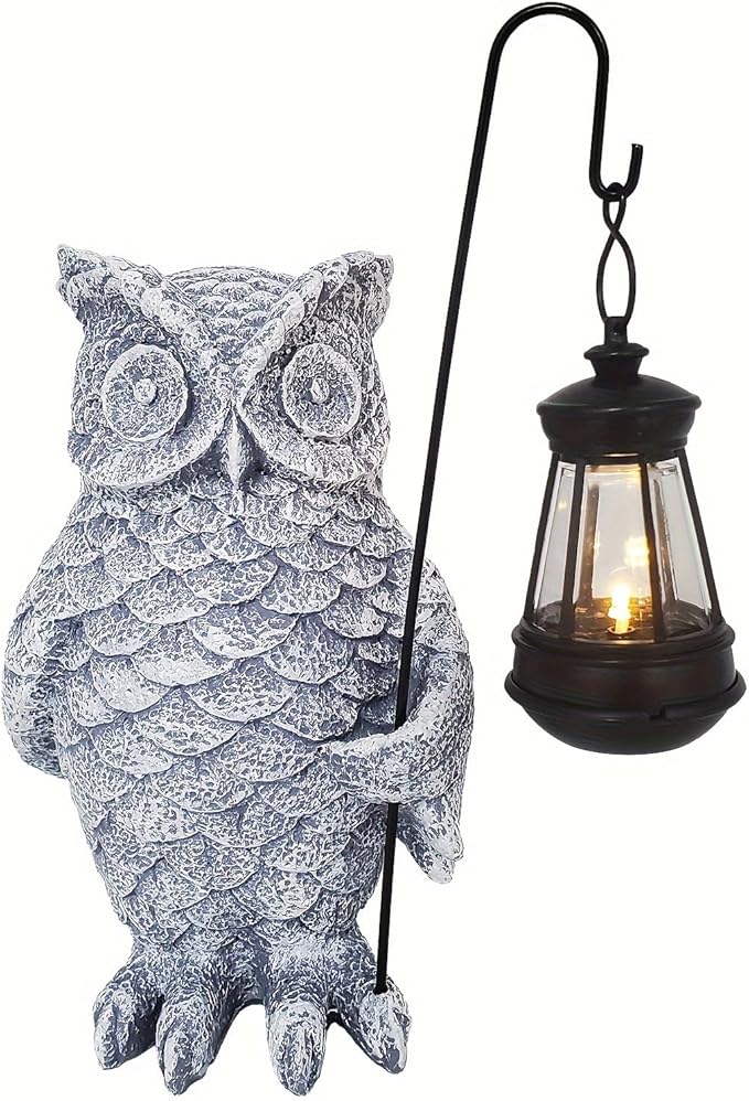 Solar Owl Lantern Garden Statue - 9.8-Inch Hand-Carved Stone Composite Indoor and Outdoor Decor