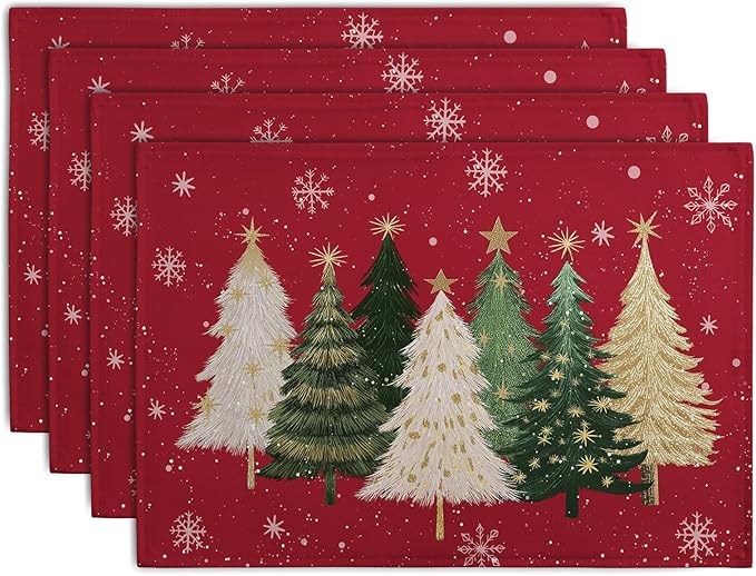 Set of red Christmas placemats with fir trees and snowflake print (4-pack)