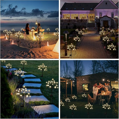 Solar flower LED garden lights lining a yard path with warm white glowing blooms