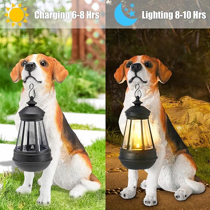 Solar Beagle Dog Garden Statue with Lantern - 11.8-Inch Resin Outdoor Decor