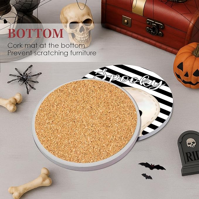 Round ceramic Halloween coaster with cork base and striped “hey Boo!” design