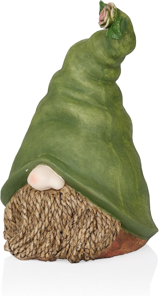 Green outdoor garden gnome statue with pink rose on hat and rope beard