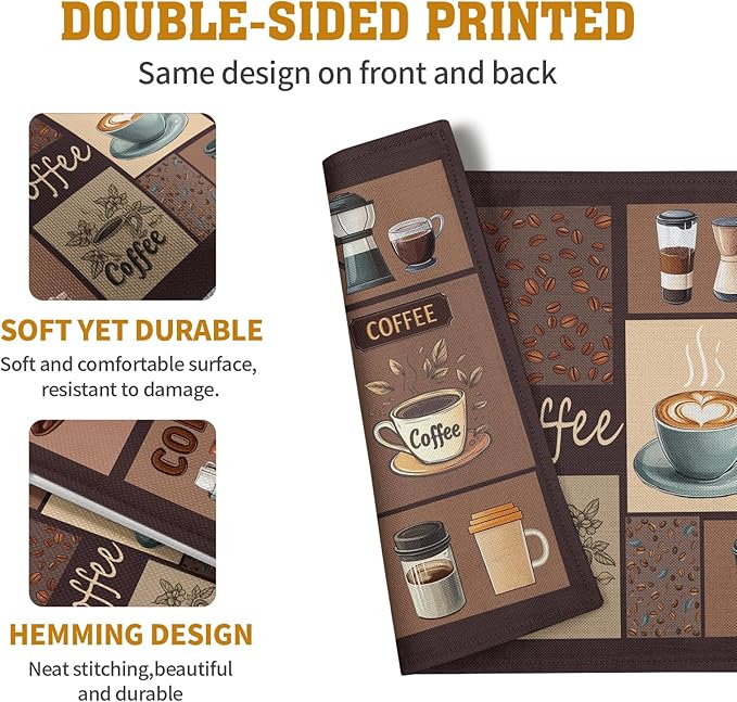 Double-sided coffee-themed placemats with neat stitched edges and brown printed coffee design