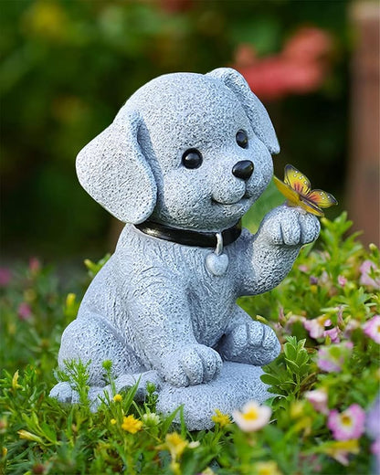 Solar Dog Garden Statue Holding Butterfly - Waterproof Resin Outdoor Decor with Cozy Glow