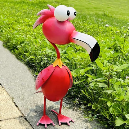 Red Metal Flamingo Garden Statue - Weather-Resistant Bird Yard Decor