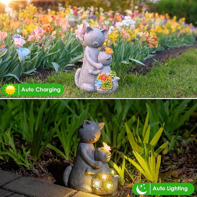 Solar Loving Cat Garden Statue with Butterflies - IP65 Resin Decor