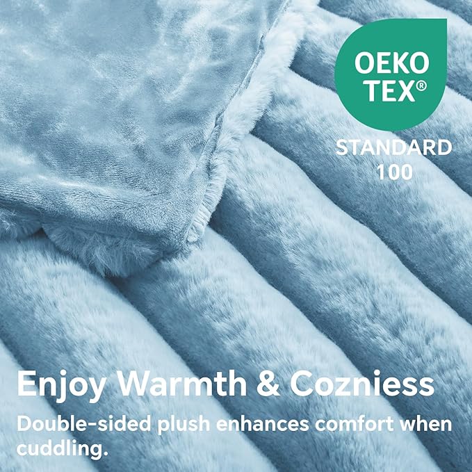 Light Blue Faux Rabbit Fur Throw Blanket – 60"x80" | 770GSM Double-Sided Luxury Fluffy Blanket | All Seasons | 3D Striped Plush Throw for Two