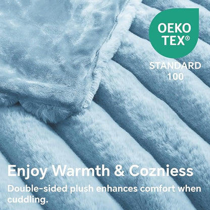 Light Blue Faux Rabbit Fur Throw Blanket – 60"x80" | 770GSM Double-Sided Luxury Fluffy Blanket | All Seasons | 3D Striped Plush Throw for Two
