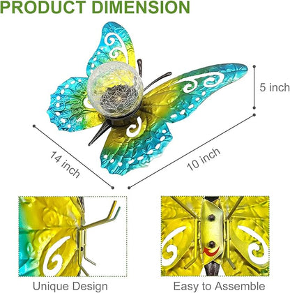 Solar Butterfly Garden Light with Crackle Glass Globe - Metal Outdoor Decor