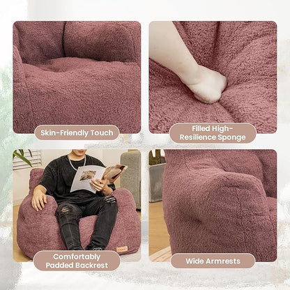 Mauve Teddy Faux Fur Bean Bag Armchair - Soft Memory Foam Reading Chair for Kids Room, Teen Bedroom, Reading Corner, and Toddler Story Time