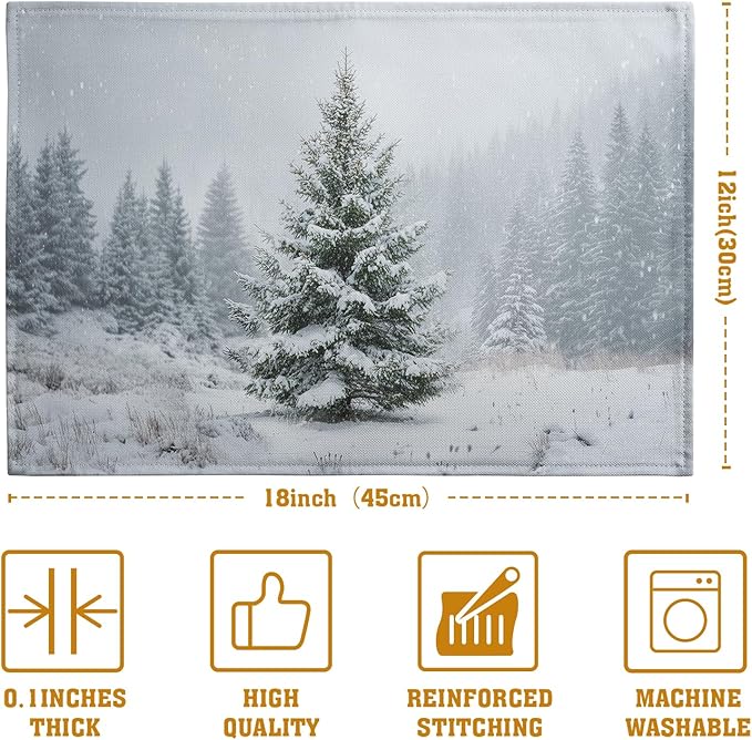 Single winter placemat showing centered pine tree in snowy forest, light gray background.