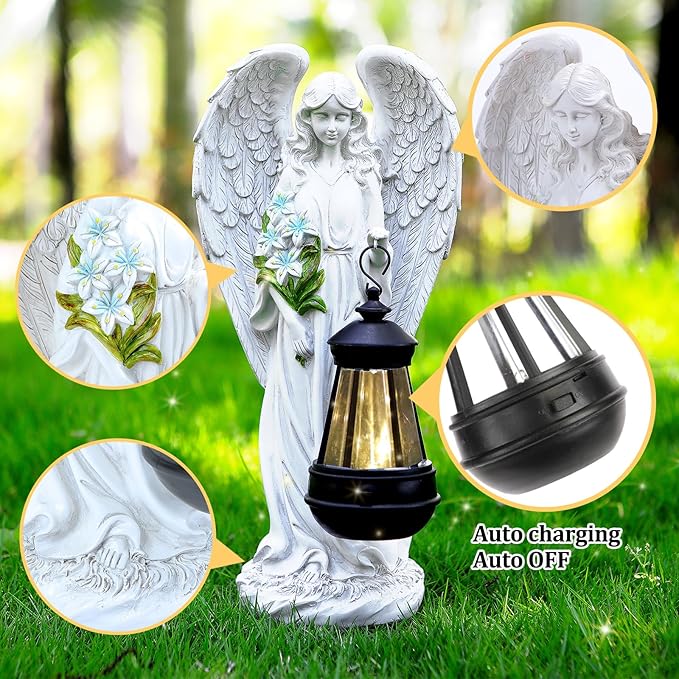 White angel solar garden statue with bouquet and lantern, close-up inset details