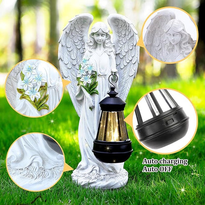 White angel solar garden statue with bouquet and lantern, close-up inset details
