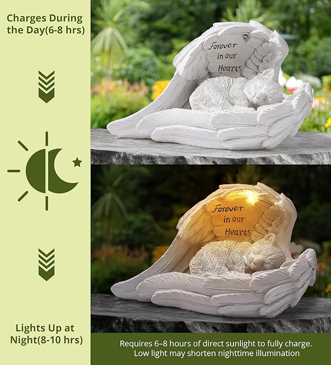 Angel Cat Memorial Garden Statue with Solar Light - Resin Pet Remembrance Decor