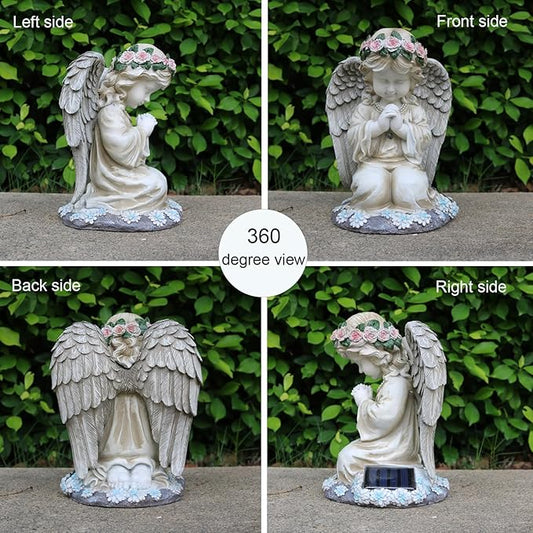Solar Praying Angel Garden Statue - Kneeling White Resin Sculpture with Warm Chest and Wing Light for Lawn, Patio, Yard, and Balcony