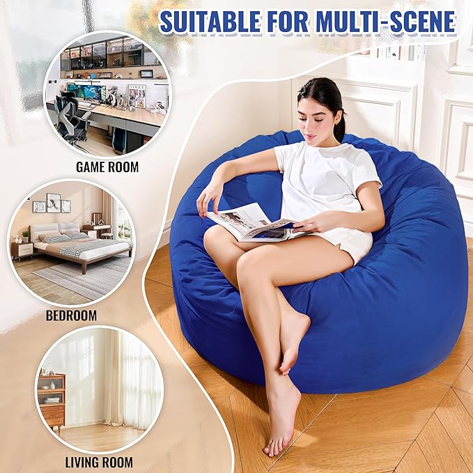 4ft Royal Blue Velvet Bean Bag Chair - Bold Sponge Fill Lounger for Boys Rooms, Gaming, and Family Comfort