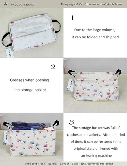 Watercolor Floral Canvas Storage Hamper Basket - Foldable Waterproof Flower and Butterfly Bin for Girls Room, Bathroom, and Gift Hampers