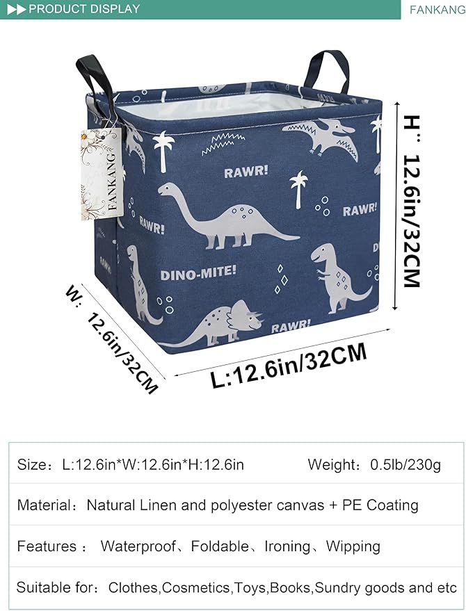 Dinosaur Canvas Storage Bin - Foldable Waterproof Navy Dino Basket for Boys Room, Toys, and Kids Gifts