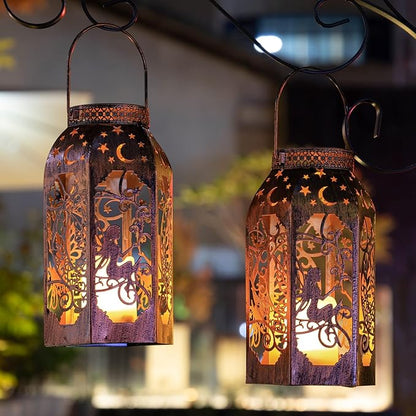 Solar Lanterns Outdoor Hanging Metal Bronze Moon Fairy Lantern, 1 Pack Waterproof Flickering Flameless Candle Mission Lights for Table,Pathway,Garden Gifts for Women, Mothers' Day Gift