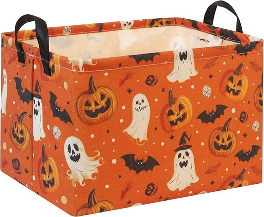 Orange rectangular Halloween trick-or-treat basket with ghost and jack-o-lantern prints, handles