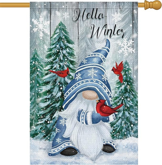 Double-sided winter garden flag with gnome, blue hat, cardinals, pine trees, snowflakes